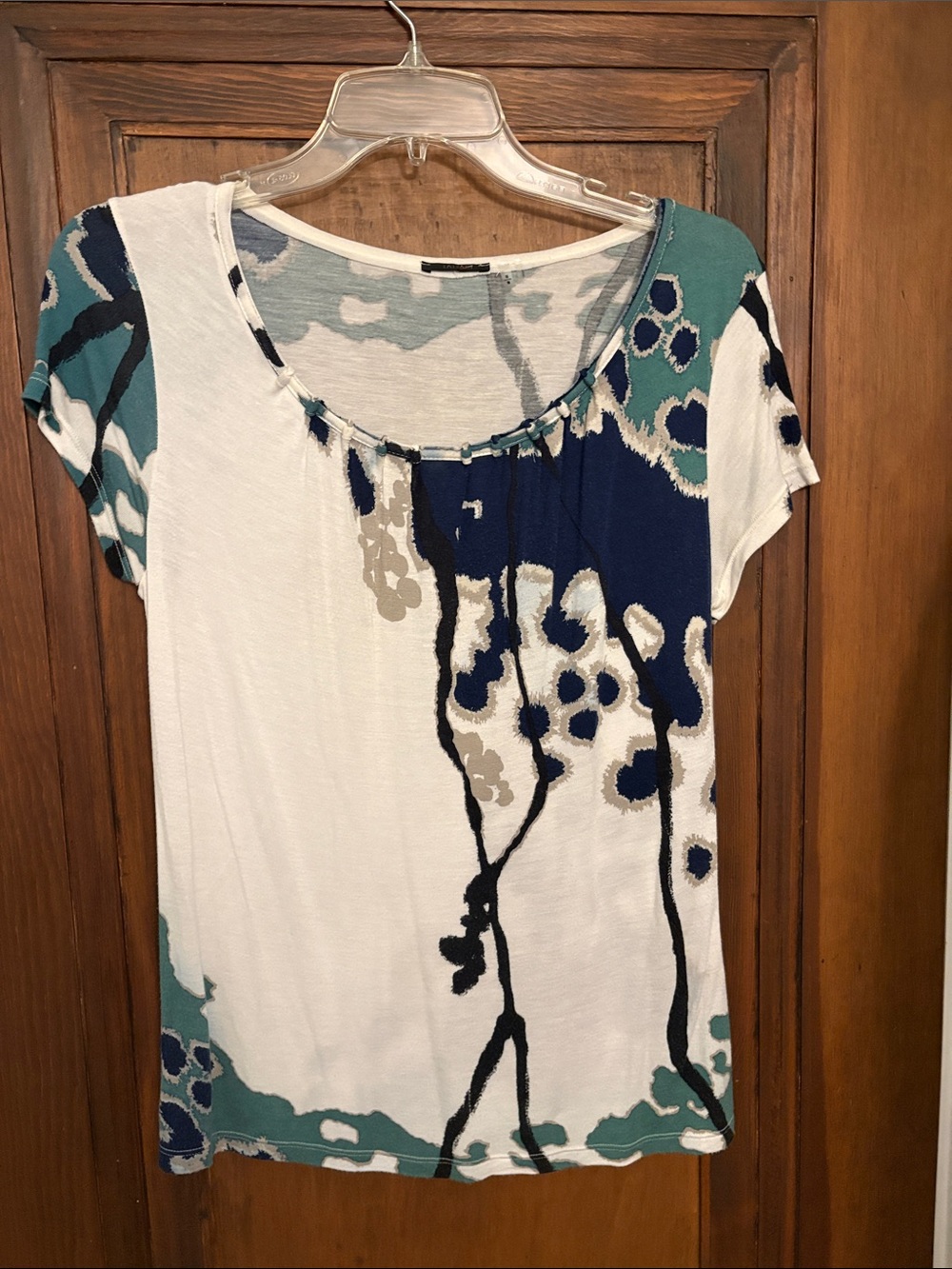 Floral Print Scoop Neck Women’s Top - Teal, Navy & White